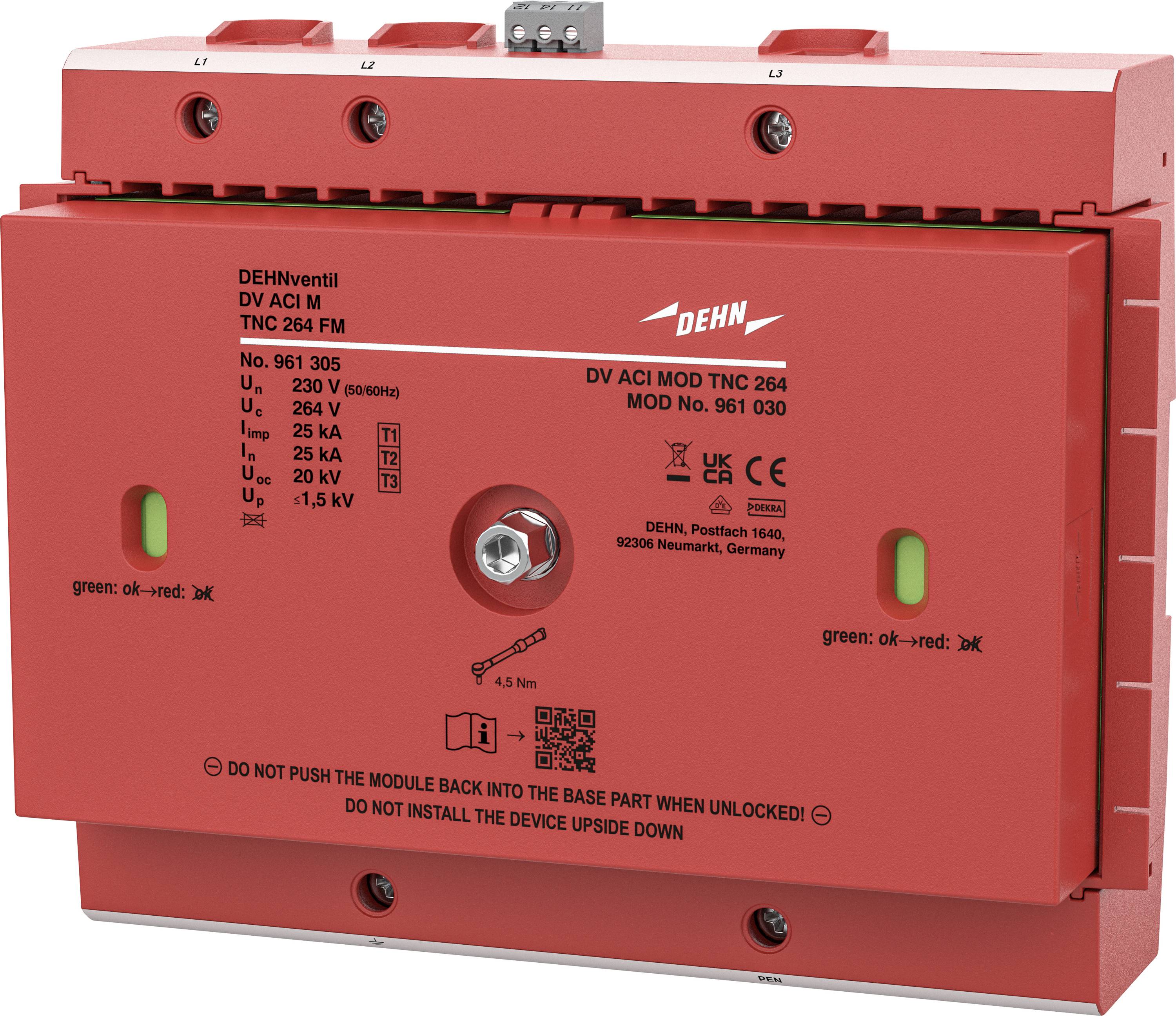 Rotes DEHN-Überspannungsschutzmodul mit der Bezeichnung 'DV ACI MOD TNC 264' mit Statusfenstern und Anschlussklemmen.