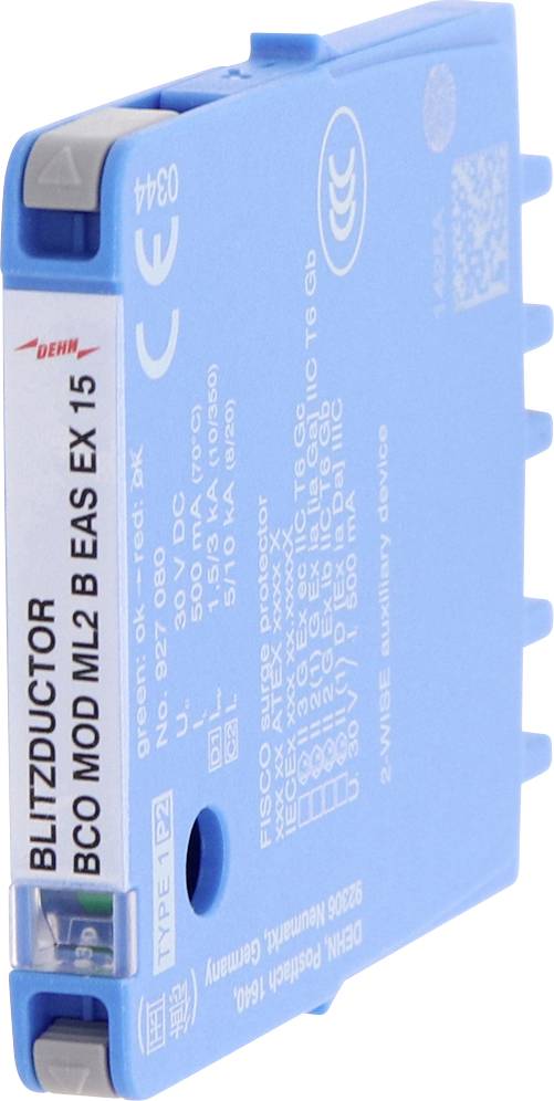 Blau B&J BLITZDUCTOR BCO MOD ML2 BE AS EX 15 Industriesteuerungsmodul mit beschrifteten Anschlüssen und Zertifizierungsmarkierungen.