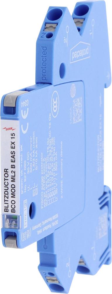 Blaues industrielles Elektromodul mit der Bezeichnung "geschützt" und "BLITZDUCTOR B50 M2 BE EX 1S", isoliert auf weißem Hintergrund dargestellt.