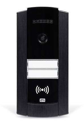 Schwarze wandmontierte Video-Türklingel oder Gegensprechanlage mit Kameraobjektiv, zwei Tasten und Wireless-/NFC-Symbol.