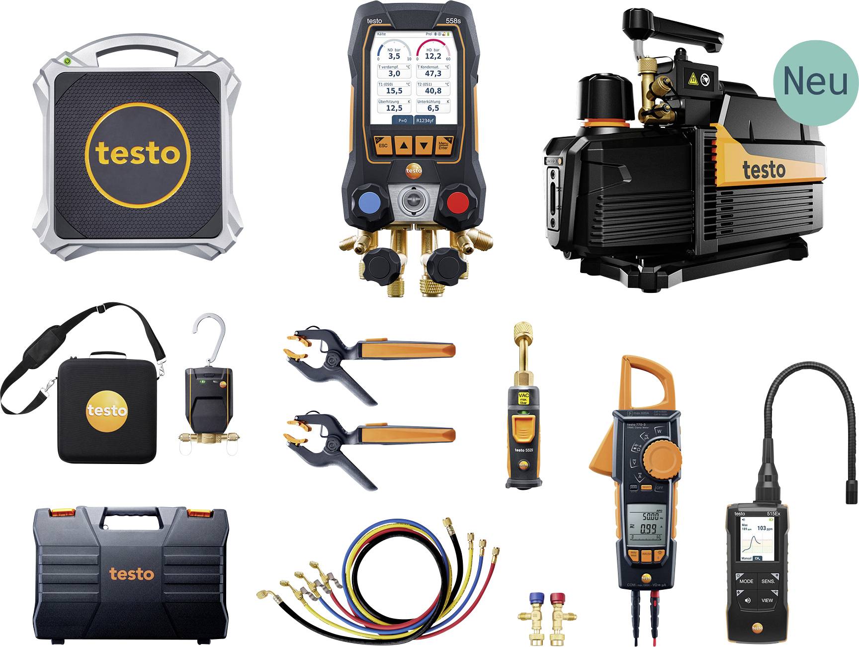 Collage von Testo HVAC- und Kälteanlagenwerkzeugen: Vakuumpumpe, digitales Manometer, Messfühler, Klammern, Kabelset und Transportkoffertaschen, mit einem "Neu"-Etikett auf der Pumpe.