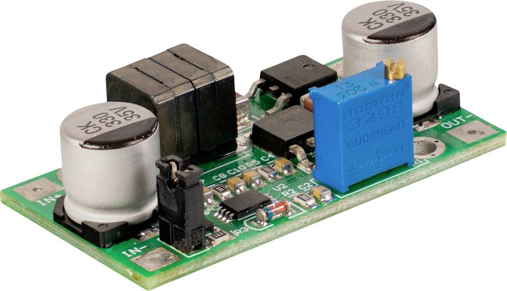Elektronische Leiterplatte mit großen Kondensatoren, Spulen und einem Trimmpotentiometer mit blauem Rand, wahrscheinlich ein Stromwandlermodul.