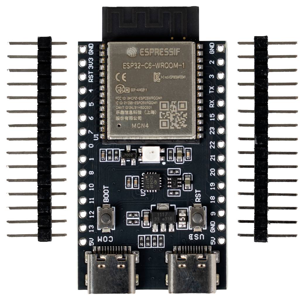 ESP32-C6-WROOM-1-Entwicklungsboard mit zwei USB-C-Anschlüssen und Stiftleisten auf beiden Seiten.