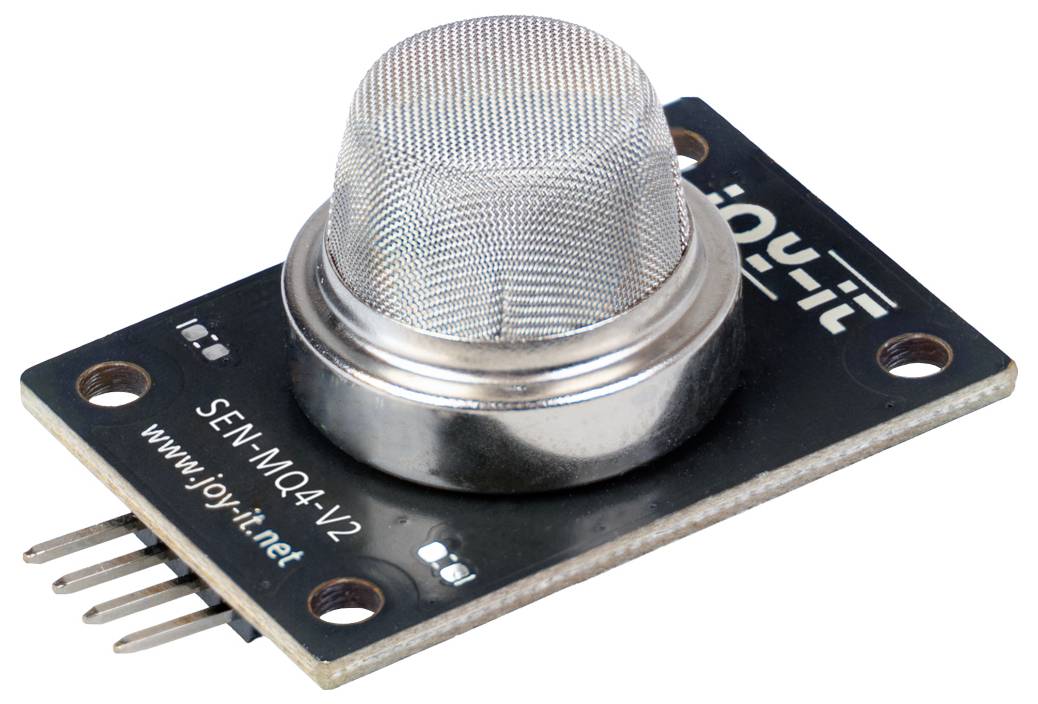 Nahaufnahme eines Gassensormoduls mit einer Metallmaschenkappe, einem Vier-Pin-Anschluss und der Aufschrift „SENMQ4-V2" auf einer schwarzen Leiterplatte.