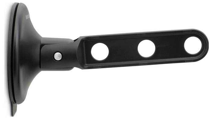 Schwarze Metallwandhalterung mit runder Grundplatte und horizontalem Arm mit drei kreisförmigen Löchern.