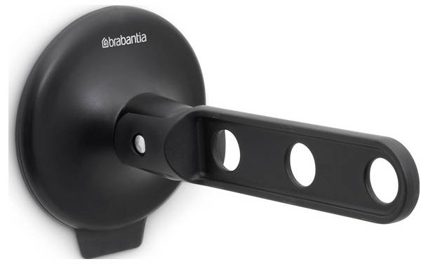 Schwarzer Brabantia Wandtoilettenpapierhalter mit langem Arm und drei ovalen Ausschnitten, gezeigt auf weißem Hintergrund.