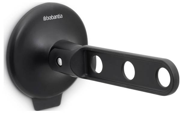 Schwarzer Brabantia Wandmontage-Toilettenpapierhalter mit langem Arm und kreisförmigen Ausschnitten, gezeigt auf weißem Hintergrund.