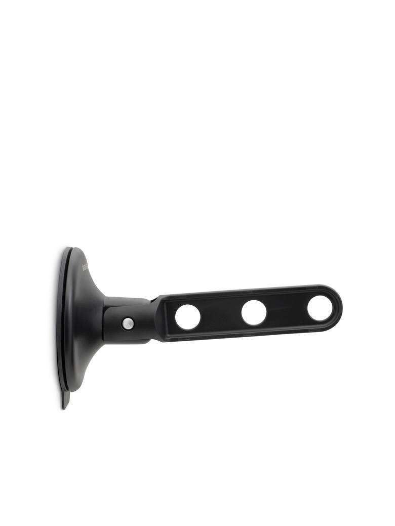Schwarze Wandhalterung aus Metall mit gerundeter Basis und drei Befestigungslöchern im Arm.