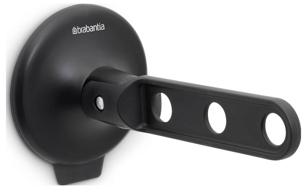 Schwarzer Brabantia Wandtoilettenbürstenhalter mit ausziehbarem Arm und drei kreisförmigen Löchern, vor weißem Hintergrund dargestellt.