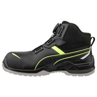 Schwarzer hoher Sicherheitsarbeitsstiefel mit neongelben Akzenten, verstärkter Zehenkappe, dicker Sohle und Zugschlaufe auf weißem Hintergrund.