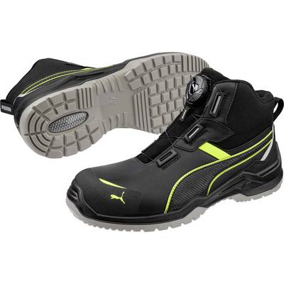 Schwarzer Puma-Sicherheitsarbeitsstiefel mit hohem Schaft und neongrünen Akzenten, gezeigt von der Seite und der Sohlenansicht.