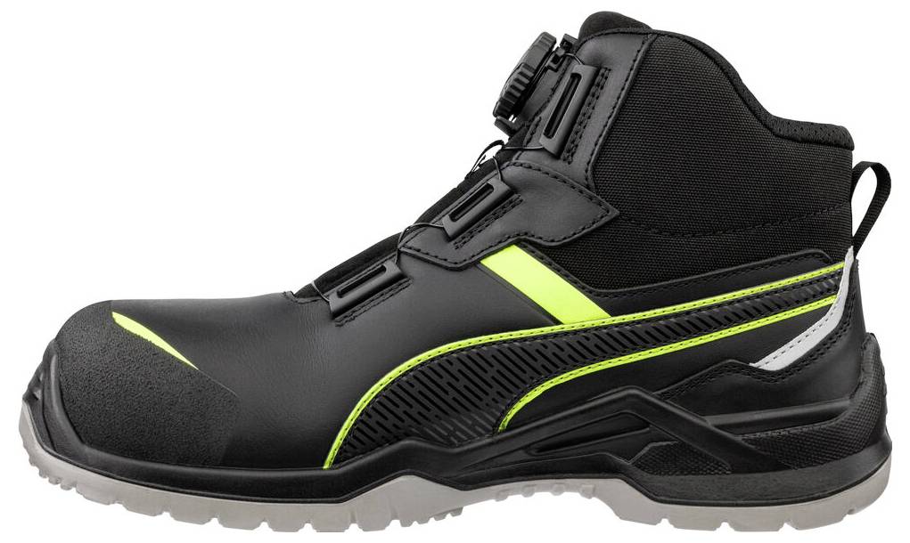 Schwarzer hoher Sicherheitsarbeitsstiefel mit neongrünen Akzenten, Stahlkappe und robuster Gummisohle in Seitenansicht dargestellt.