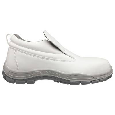 Weißer Slip-On-Arbeitsschuh mit grauer, profilierten Sohle, in Seitenansicht auf neutralem Hintergrund gezeigt.