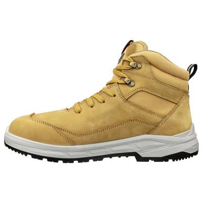 Hellbraun gefärbter hoher Wanderstiefel mit schwarzer Lauffläche und grauer Sohle, gezeigt in Seitenansicht auf weißem Hintergrund.