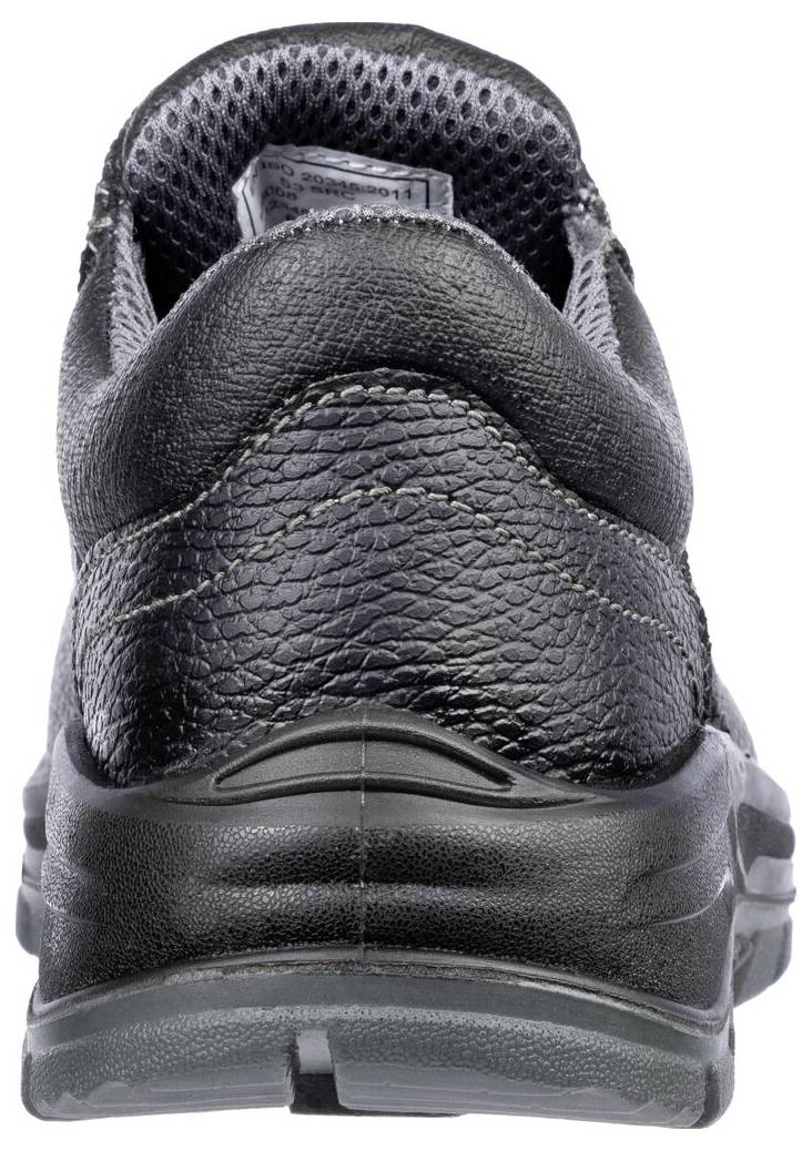 Rückansicht eines schwarzen Leder-Arbeitsschuhs oder -Stiefels mit gepolstertem Kragen und robuster Sohle auf weißem Hintergrund.
