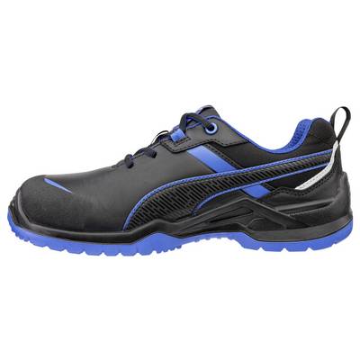 Schwarzer und blauer Arbeitsschuh für sportliche Aktivitäten mit niedrigem Schaftschnitt, robuster Sohle und Fersenlasche.