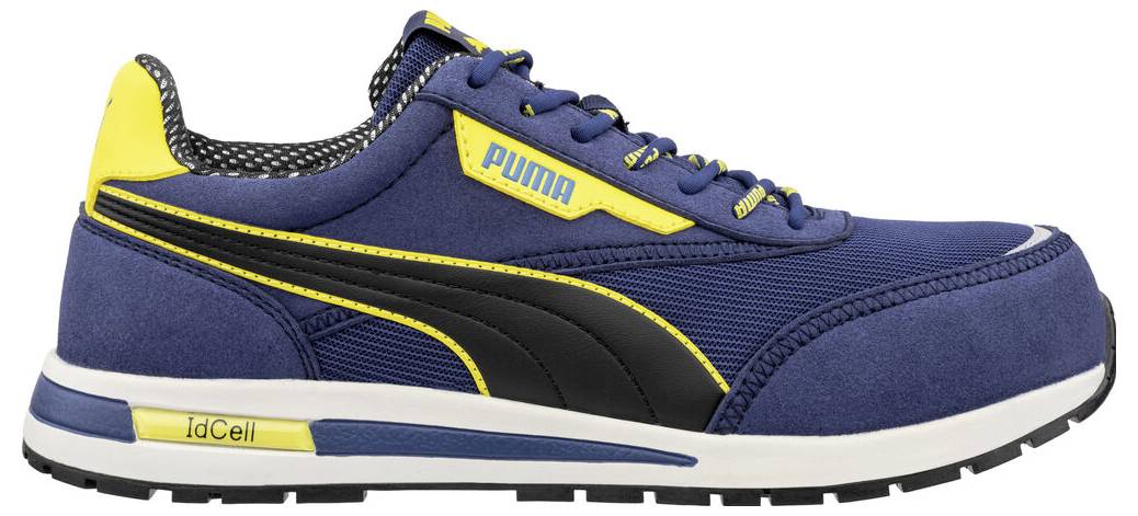 Blauer und gelber Puma Sportschuh in Seitenansicht, mit schwarzem Logo und weißer Sohle auf weißem Hintergrund.