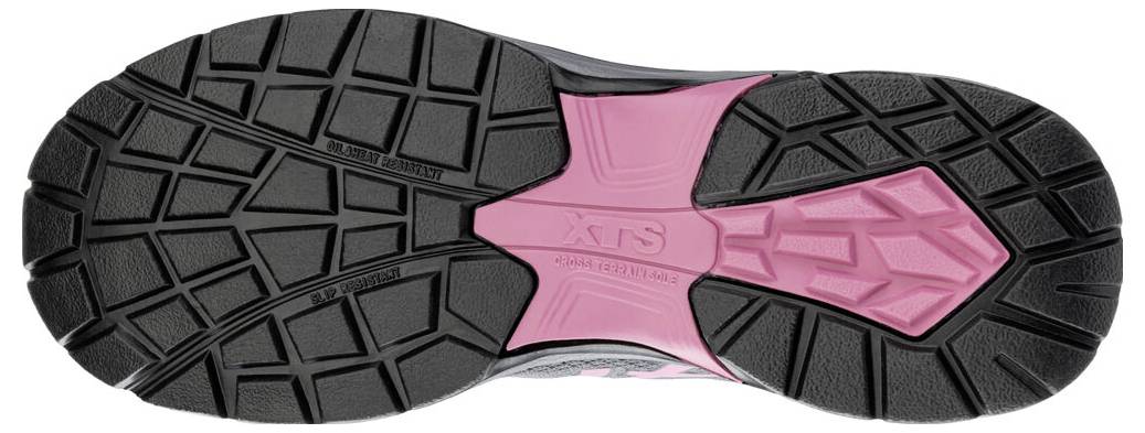 Schuhsohle mit schwarzem Profil und rosa Mittelfuß-Stützbereich, gezeigt in Unteransicht.