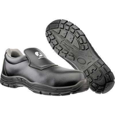 Schwarzer Slip-On-Arbeitsschuh gezeigt mit einer Seitenansicht und einer Sohlenansicht, die das robuste Profil und die schützende Konstruktion hervorheben.