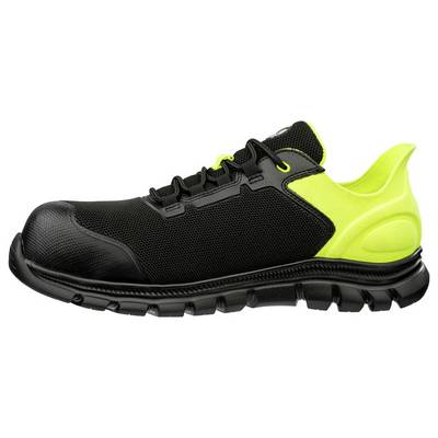 Schwarzer Sicherheits-Sneaker mit neongelber Ferse und Akzenten, gezeigt in Seitenansicht auf weißem Hintergrund.