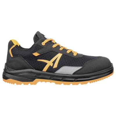 Schwarzer und orangefarbener Sportarbeiterschuh in Seitenansicht, mit orangefarbenen Schnürsenkeln, Logo und robuster orangefarbener Laufsohle.
