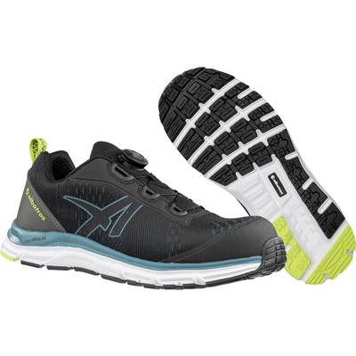 Schwarzer athletischer Laufschuh von der Seite gezeigt mit einem zweiten Schuh im Winkel angeordnet, um die Profilsohle zu zeigen, mit Teal- und Limetten-Akzenten.