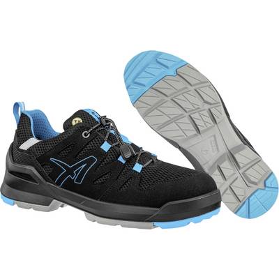 Schwarze und blaue sportliche Sicherheitsschuhe, dargestellt von Seiten- und Sohlenansichten, mit robustem Profil und verstärktem, arbeitsbereitem Design.