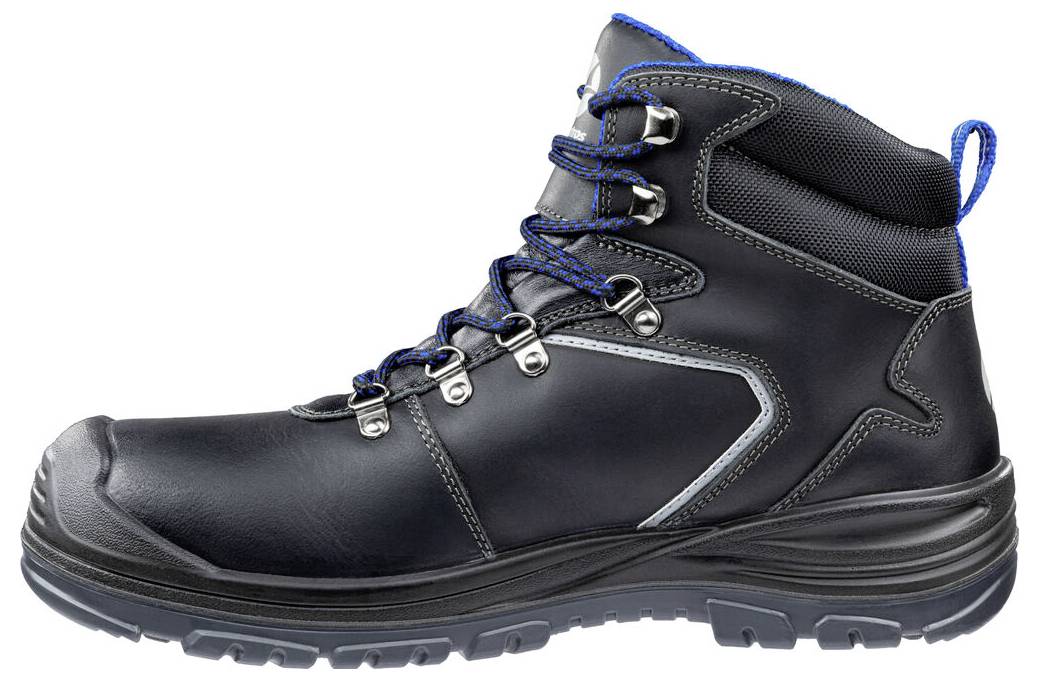 Schwarzer Schnürsicherheitsstiefel mit gepolstertem Knöchel und robuster Profilsohle, in der Seitenansicht auf weißem Hintergrund gezeigt.