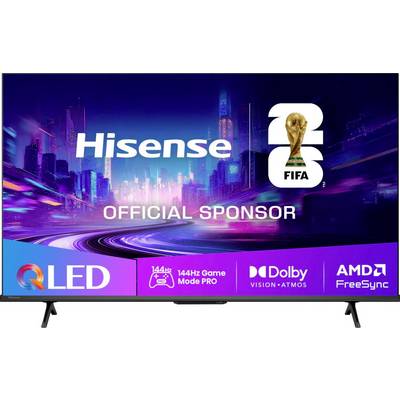 Hisense-Fernsehwerbung mit Neon-Stadthintergrund, FIFA-Weltpokal-Logo und Text „OFFIZIELLER SPONSOR", plus Funktionsabzeichen für QLED, 144Hz Game Mode Pro, Dolby Vision Atmos und AMD FreeSync.