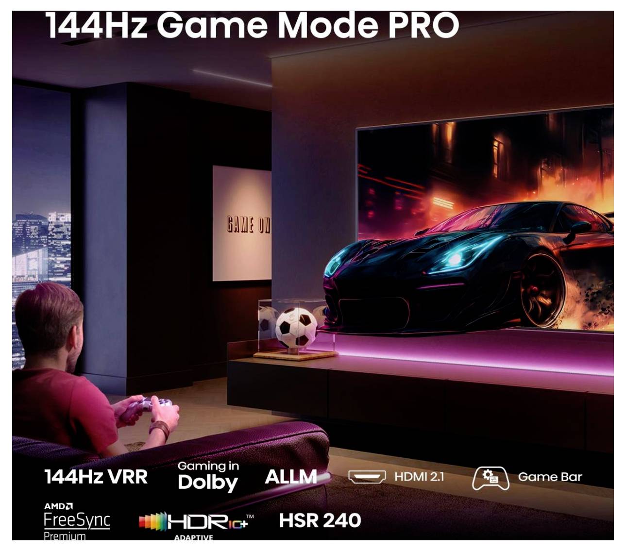 Werbebild eines Gamers, der einen Fernseher mit einem Rennwagen beobachtet, der den 144-Hz-Gaming-Modus Pro, 144-Hz-VRR, Dolby Gaming, ALLM, HDMI 2.1, Game Bar, FreeSync Premium, HDR10+ Adaptive und HSR 240 hervorhebt.