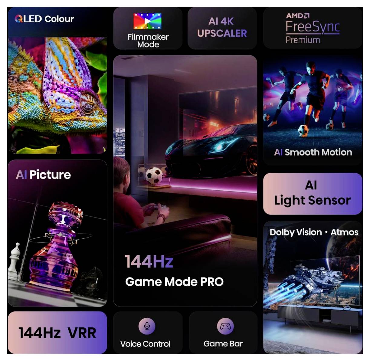 Werbekollage für TV-Features, die ein Gaming-Setup mit '144Hz Game Mode PRO', 'QLED Farbe', 'AI 4K UPSCALER', 'AMD FreeSync Premium', 'AI Smooth Motion', 'AI Light Sensor', 'Dolby Vision • Atmos', '144Hz VRR', 'Sprachsteuerung' und 'Game Bar' zeigt.