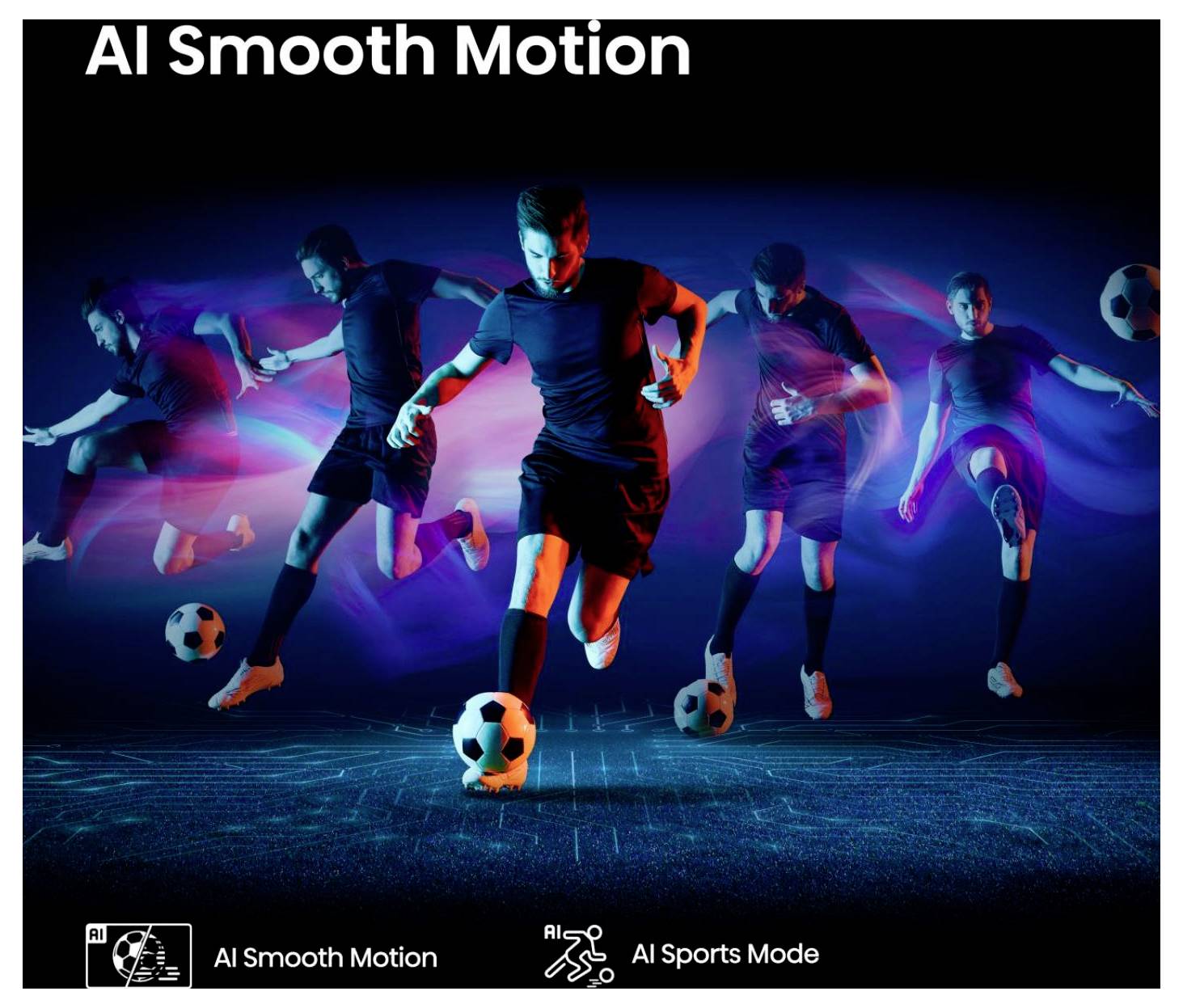 Werbegrafik eines Fußballspielers in Bewegung, die AI Smooth Motion und AI Sports Mode für reibungslose Actionaufnahmen zeigt.