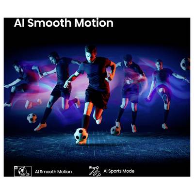 Werbegrafik eines Fußballspielers in Bewegung, die AI Smooth Motion und AI Sports Mode für reibungslose Actionaufnahmen zeigt.
