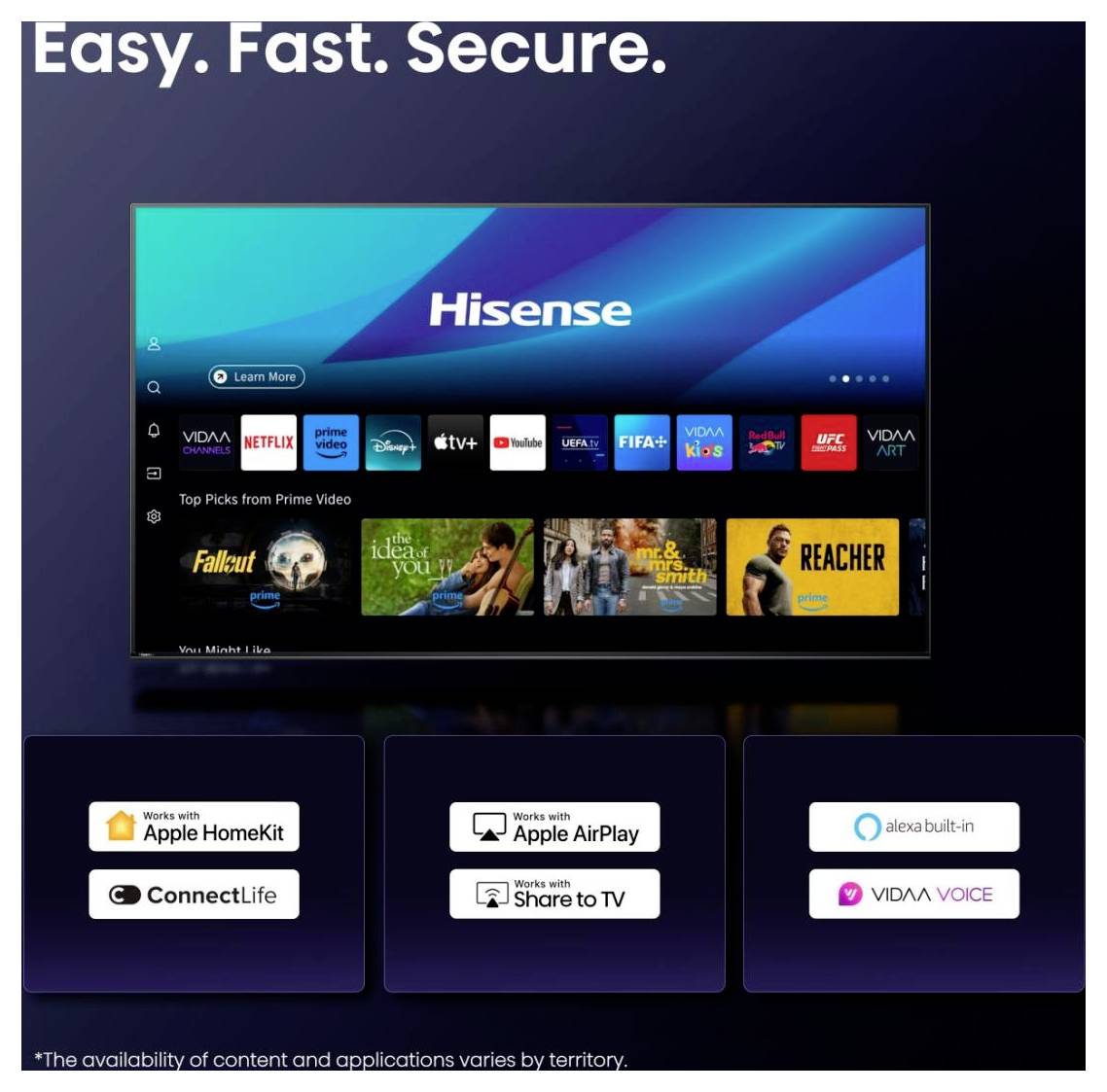 Hisense Smart TV Startbildschirm mit der Überschrift „Einfach. Schnell. Sicher." und drei Funktionsbereichen für Apple HomeKit, Apple AirPlay, ConnectLife, Mit TV teilen, Alexa integriert und VIDAA Voice.