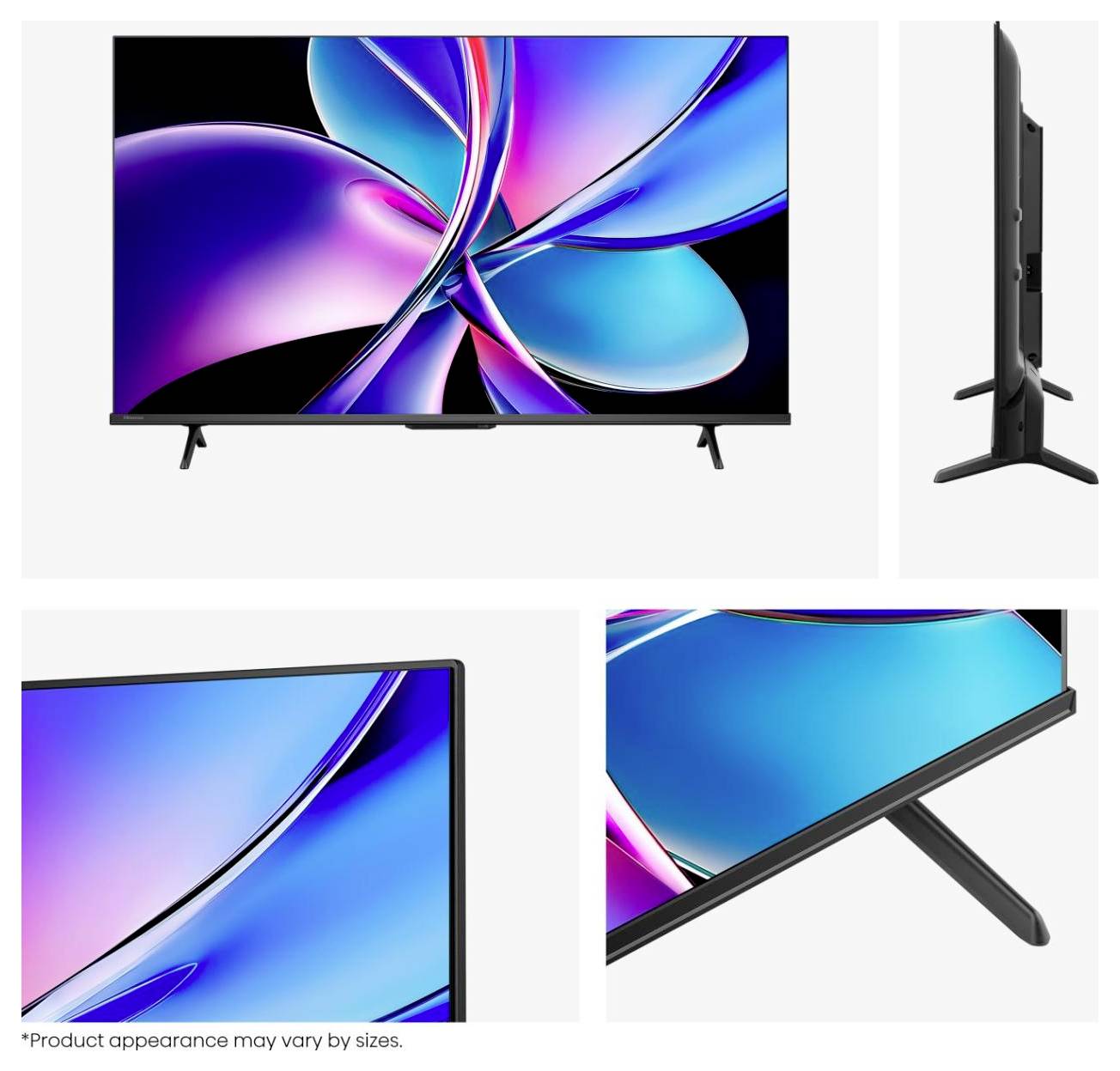 Flachbildfernseher mit ultraflachem Rahmen und zwei abgewinkelten Beinen, gezeigt in Front-, Seiten- und Nahaufnahmen mit lebhafter blauer und rosa Anzeige.
