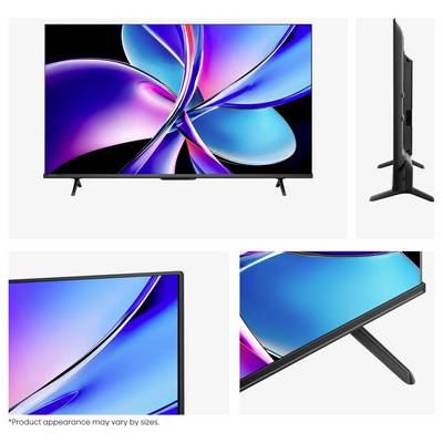 Flachbildfernseher mit ultraflachem Rahmen und zwei abgewinkelten Beinen, gezeigt in Front-, Seiten- und Nahaufnahmen mit lebhafter blauer und rosa Anzeige.