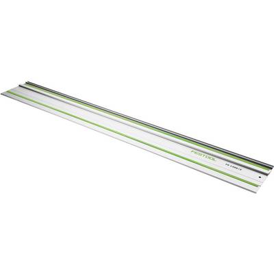 Lange silberne Metallführungsschiene mit grünem Festool-Branding, diagonal auf weißem Hintergrund dargestellt.