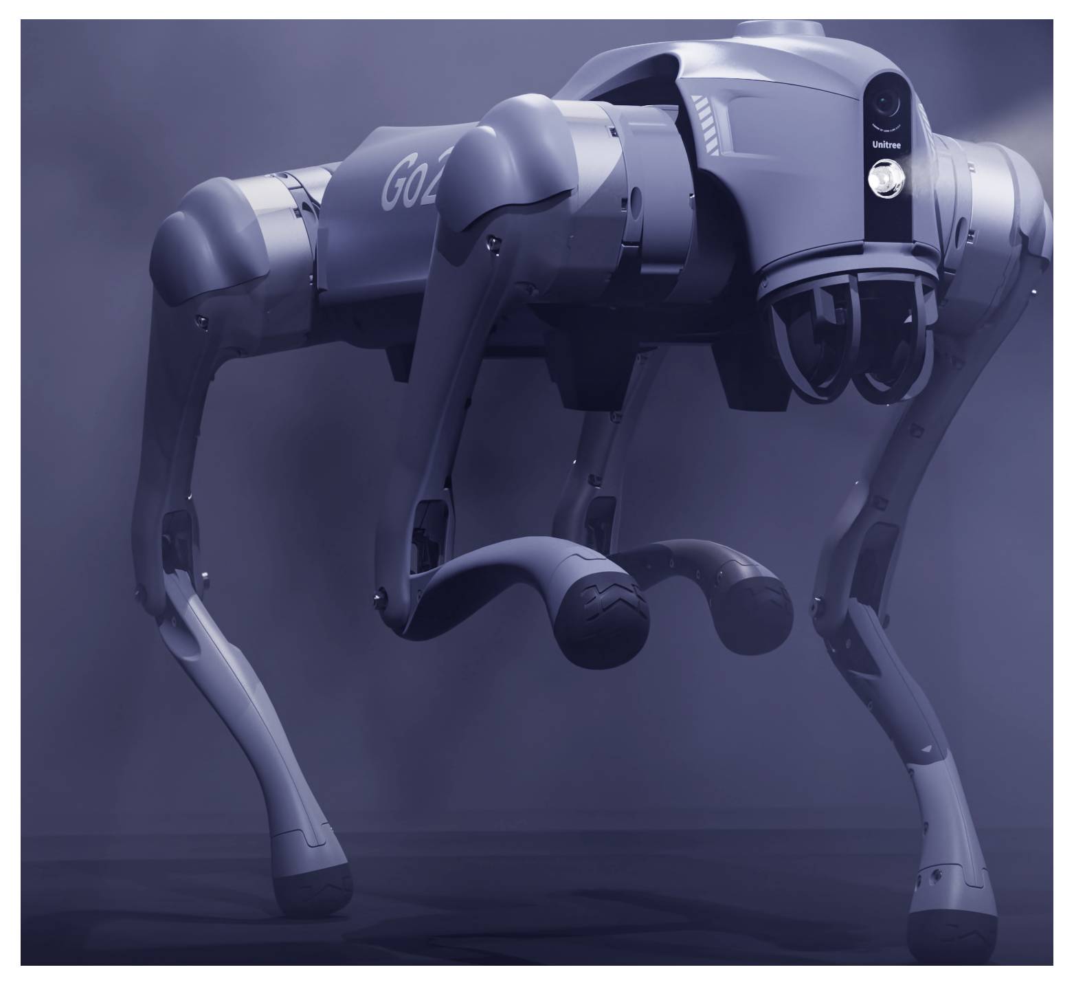 Ein futuristischer vierbeiniger Roboterhund mit der Bezeichnung „GO2" steht auf einer dunklen Oberfläche in einer rauchigen Studioumgebung.