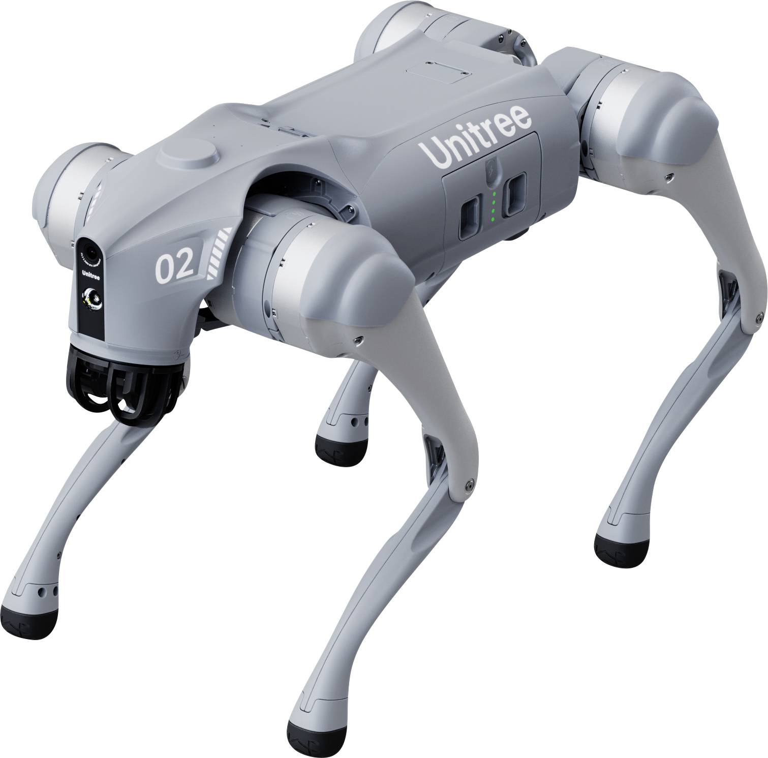 Grauer vierbeiniger Roboterhund mit der Beschriftung „Unitree" und „02" in einer Gehposition auf weißem Hintergrund.