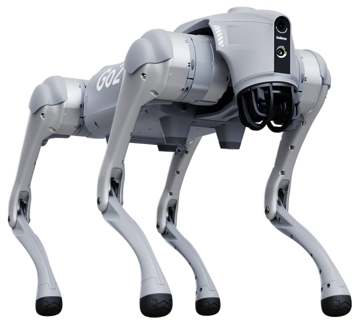 Grauer vierbeiniger Roboterhund mit mechanischen Beinen und Sensorkopf, dargestellt auf weißem Hintergrund.