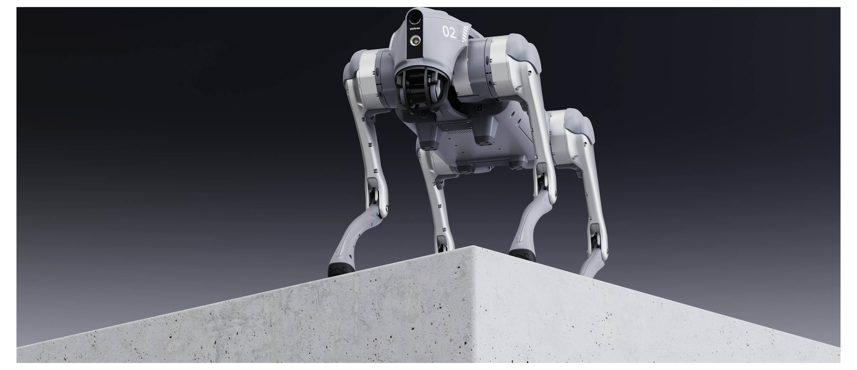Quadrupedal-Roboter, der auf einer Betonplattform vor dunklem Hintergrund steht, von unten betrachtet.