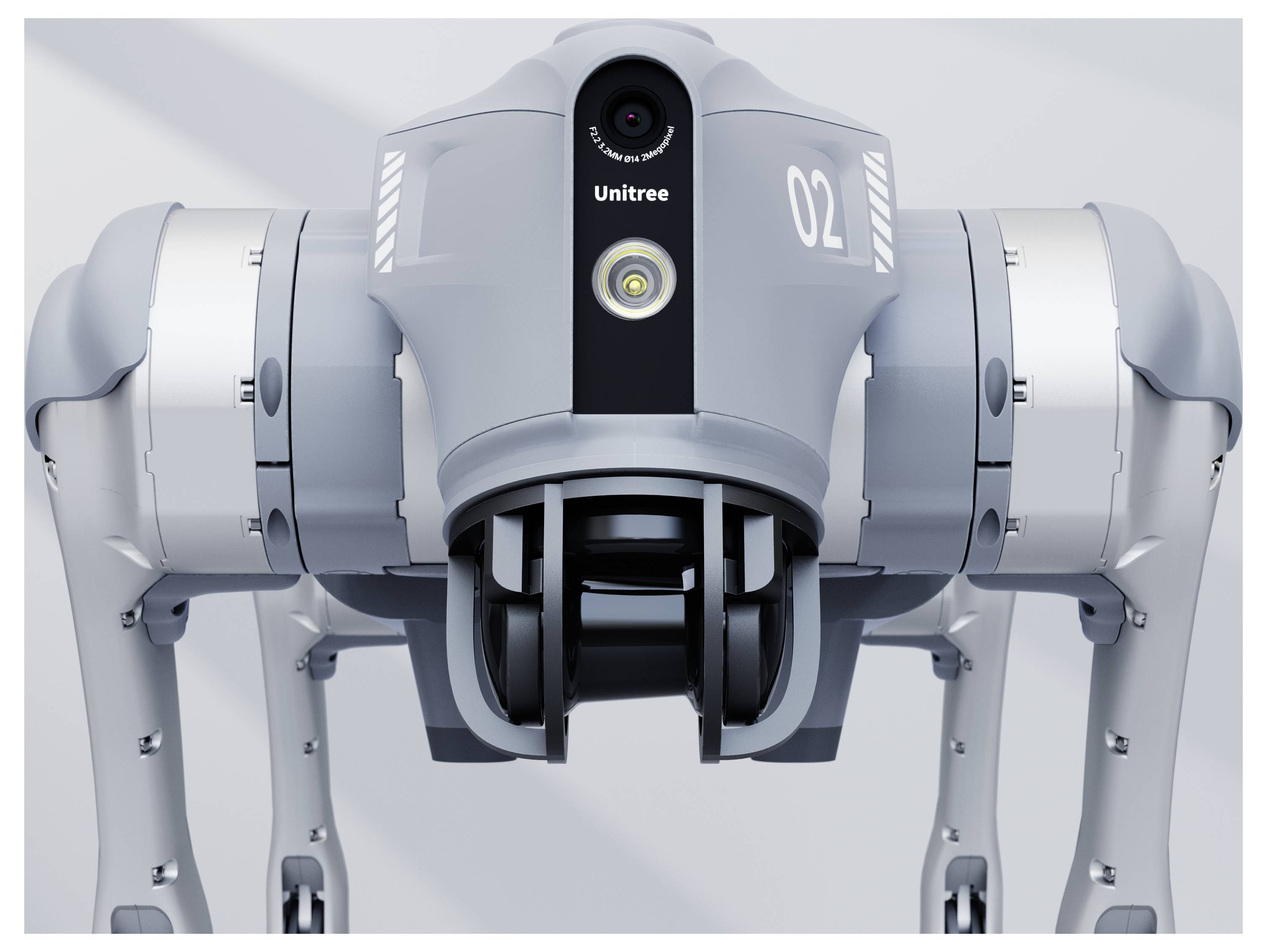 Frontansicht eines Unitree-Humanoid-Roboter-Oberkörpers mit Kamera und Sensor auf der Brust, gekennzeichnet mit '02'.