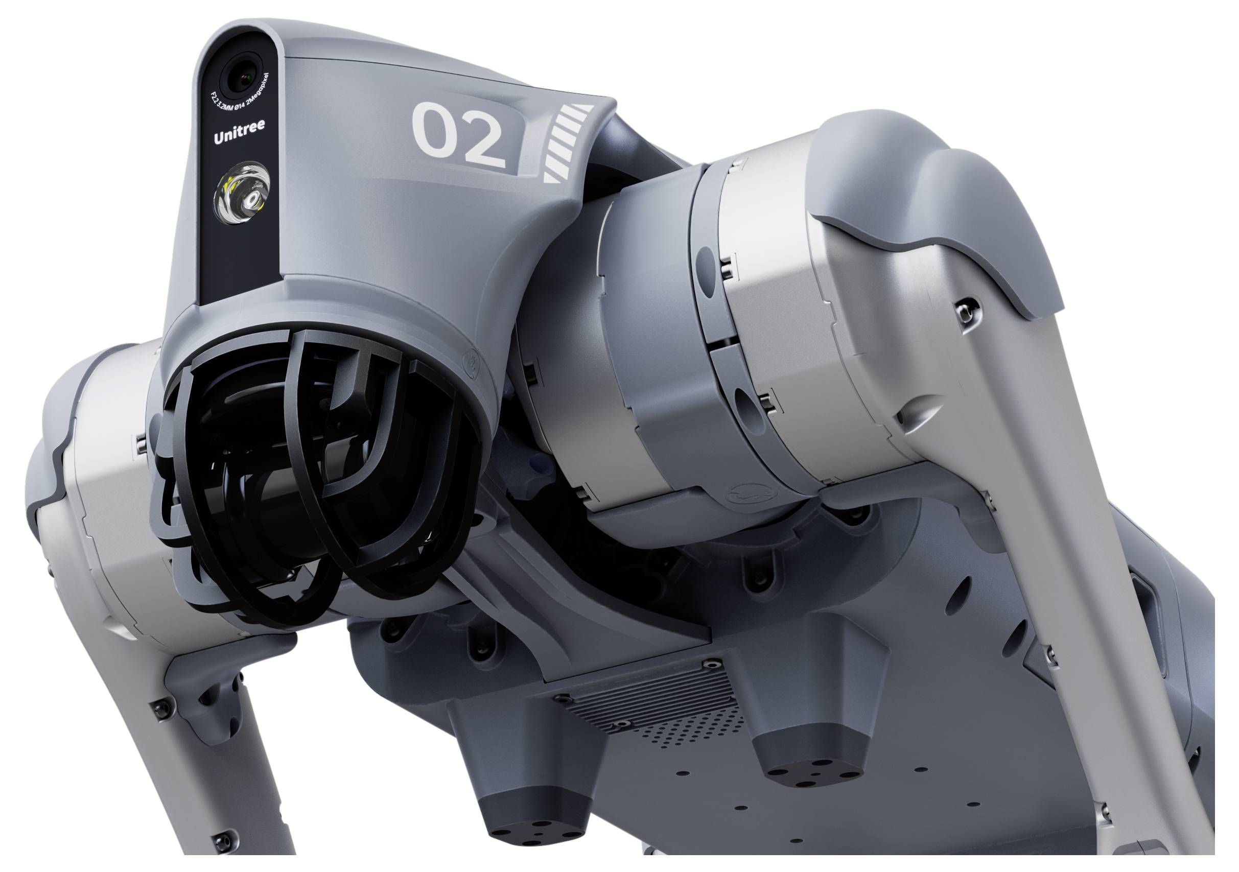 Frontalansicht eines grauen humanoiden Roboterkopfes und Oberkörpers mit schwarzen kameraähnlichen Sensoren und der Nummer „02" auf seinem oberen Panel.