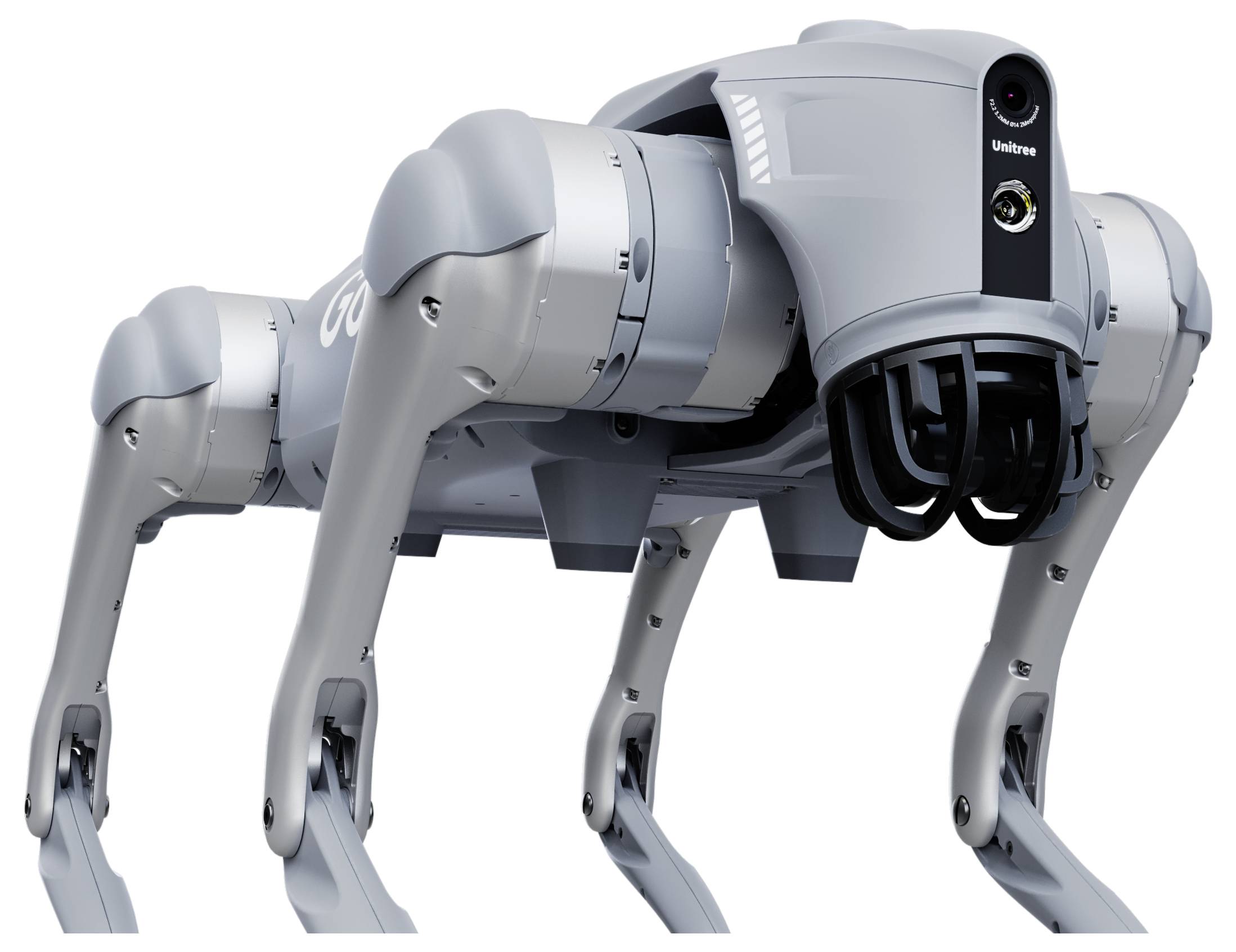 Vierbeiniger Roboterhund, der auf weißem Hintergrund steht, mit sichtbaren Sensoren und Kamera am vorderen Körperteil.