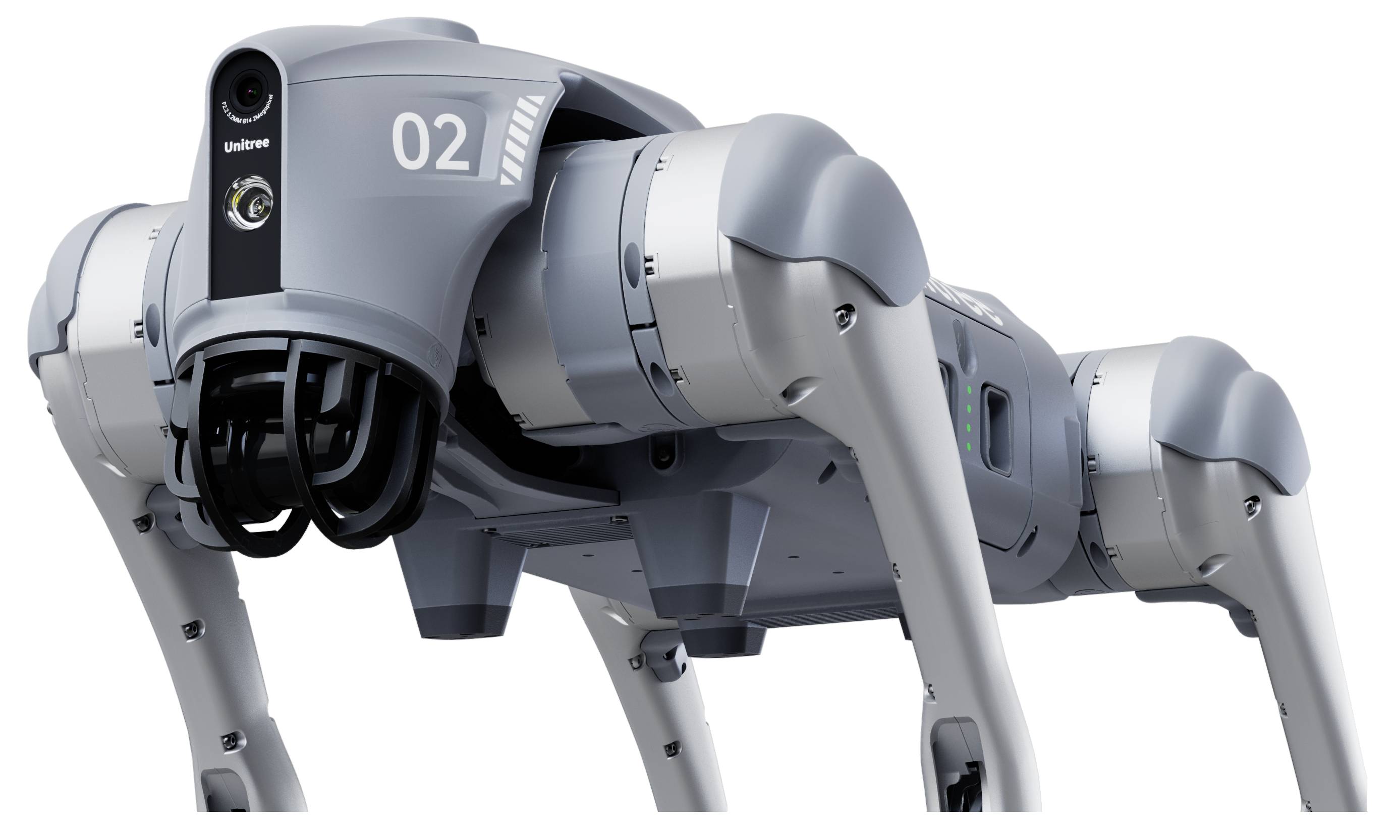 Vierbeiniger Roboter-Hund mit grauem Industriekörper mit der Bezeichnung „02" und sichtbaren Kamerasensoren, dargestellt auf weißem Hintergrund.