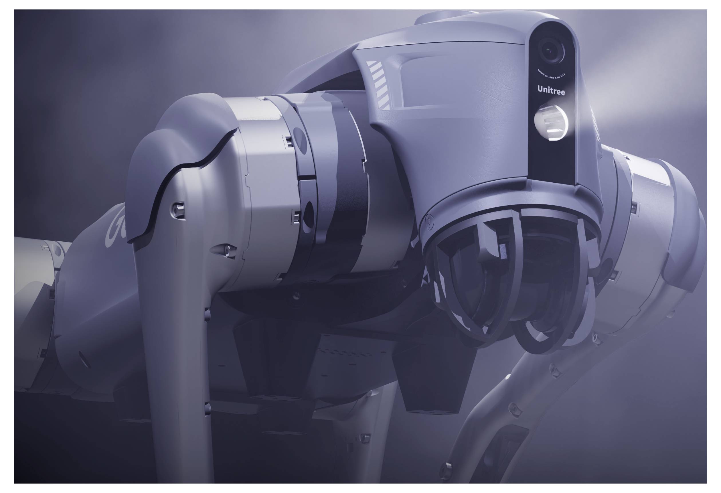 Nahaufnahme eines futuristischen Roboterhunds oder vierbeinigen Roboters mit einem kameraähnlichen Kopf und sichtbarem "Unitree"-Branding, gezeigt in einer Studioumgebung.