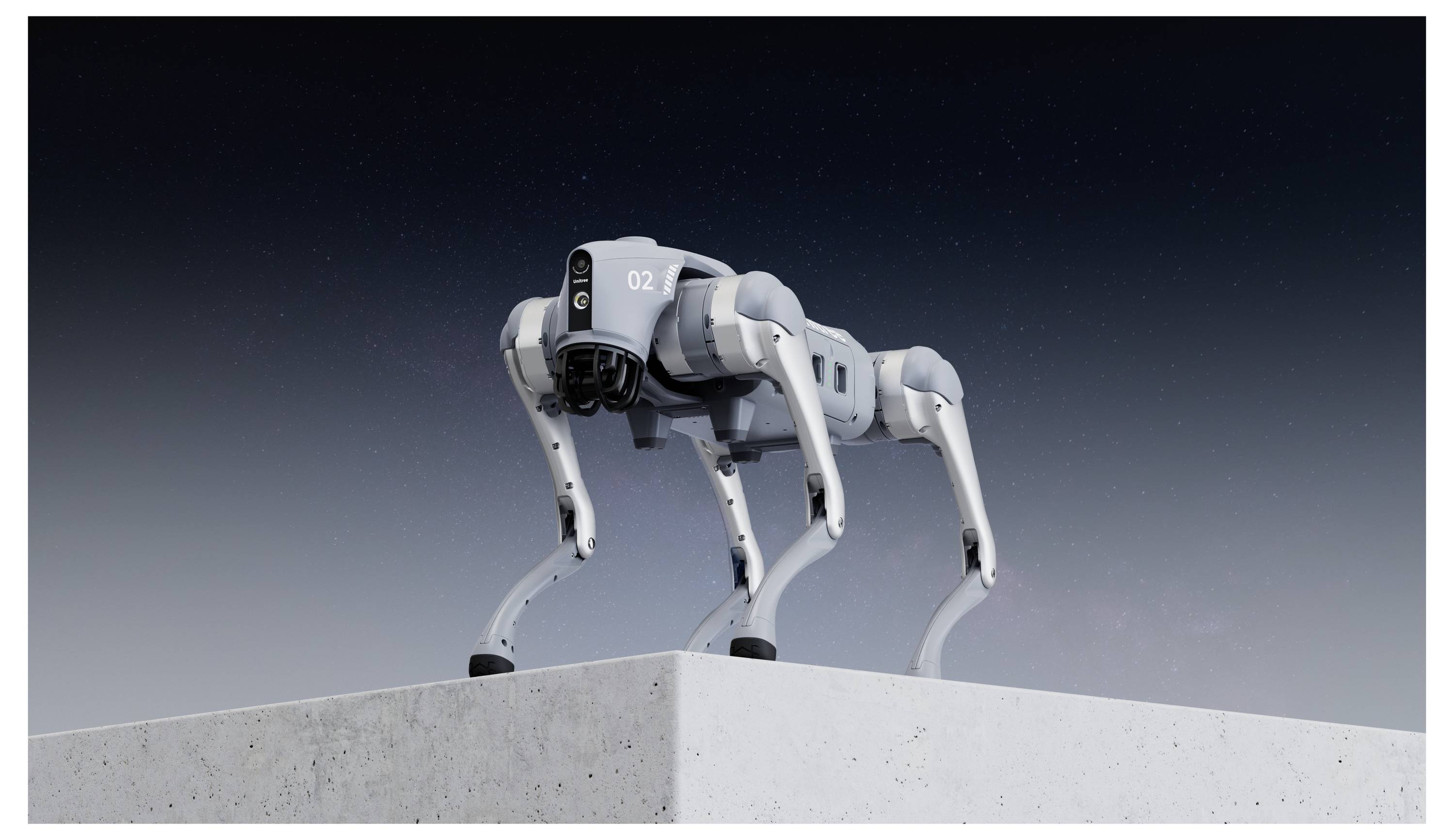 Quadrupod-Roboter mit der Bezeichnung "02" steht auf einem Betongesims vor einem dunklen Farbverlaufshintergrund.