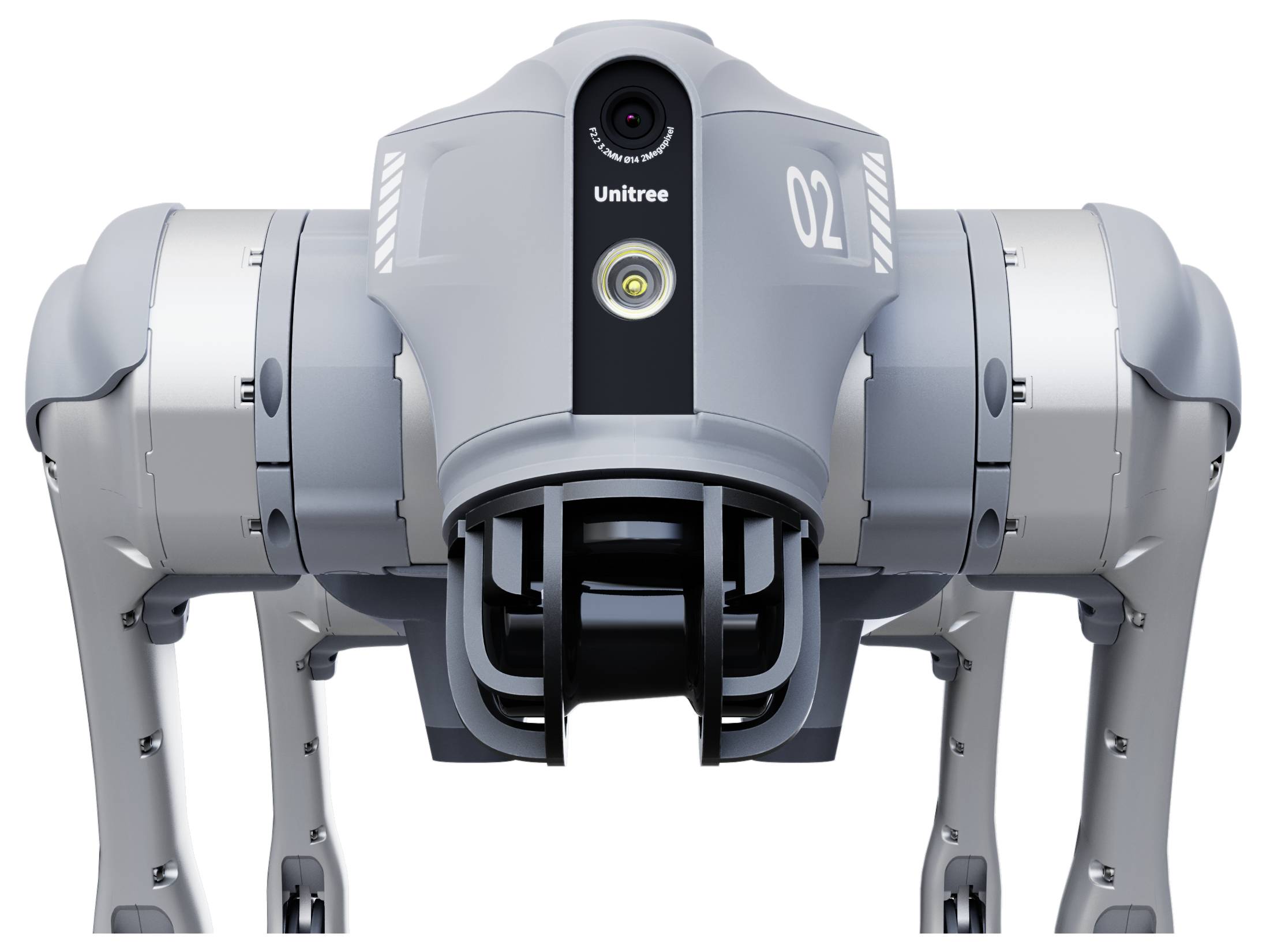 Frontalansicht eines grauen Unitree-Roboterhundes mit Kamerasensoren und der Nummer „02" auf seinem Körper.