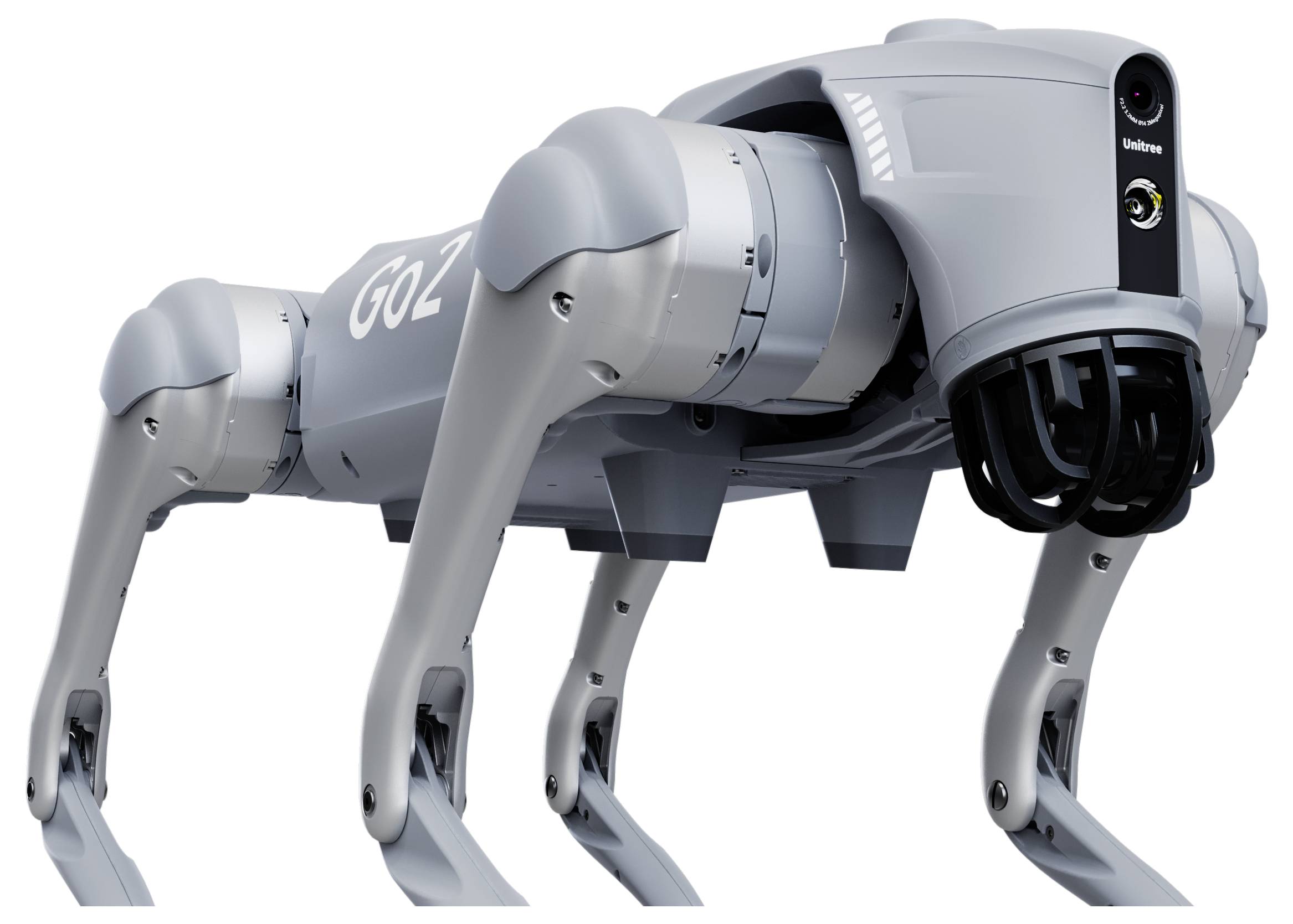 Vierbeiniger grauer Roboterhund mit "GO2" auf der Seite, gezeigt in einer Seitenansicht auf weißem Hintergrund.