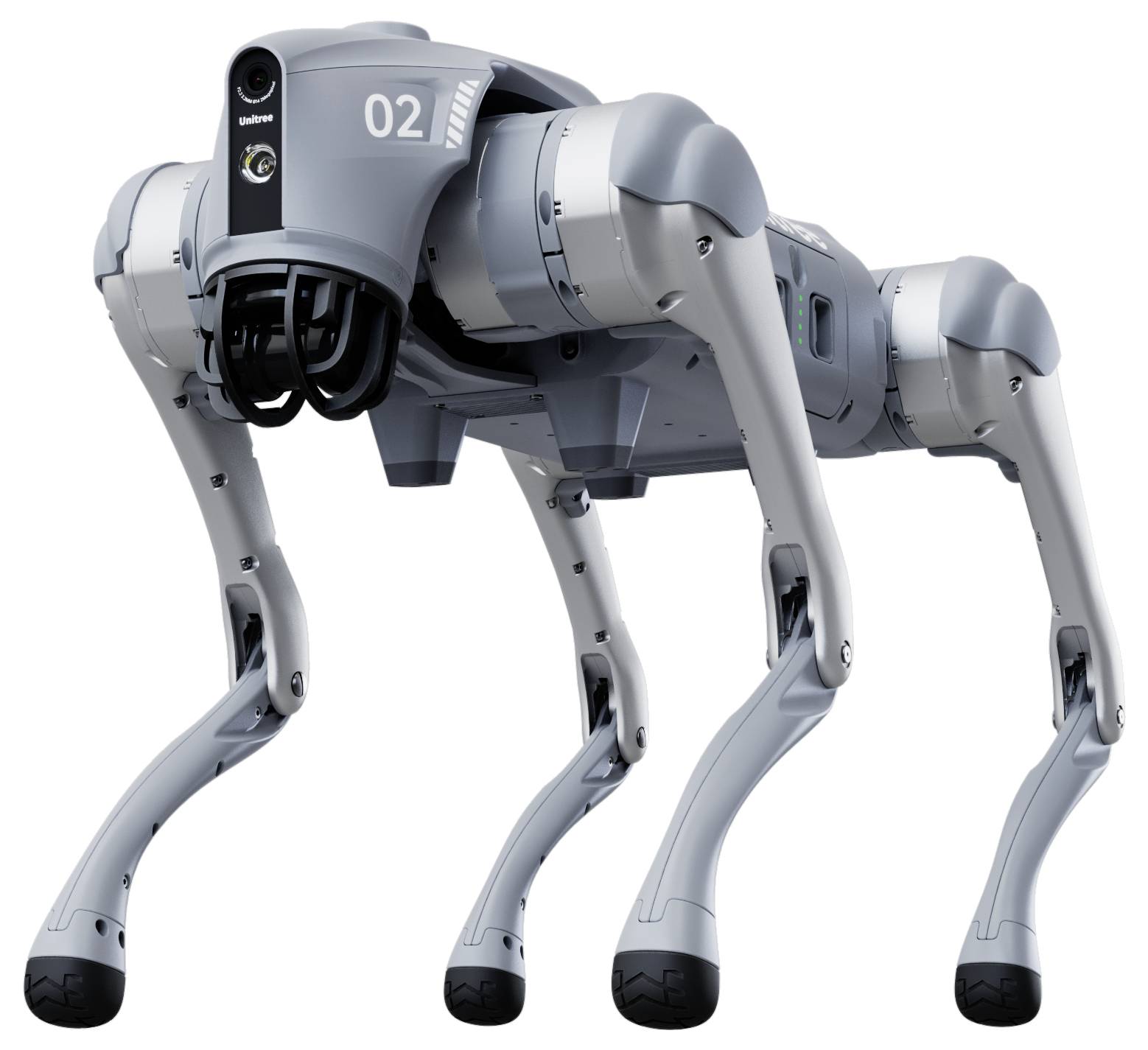 Vierbeiniger Roboterhund mit vier Beinen, grauem Körper und frontalem Sensormodul mit der Bezeichnung „02" auf weißem Hintergrund.